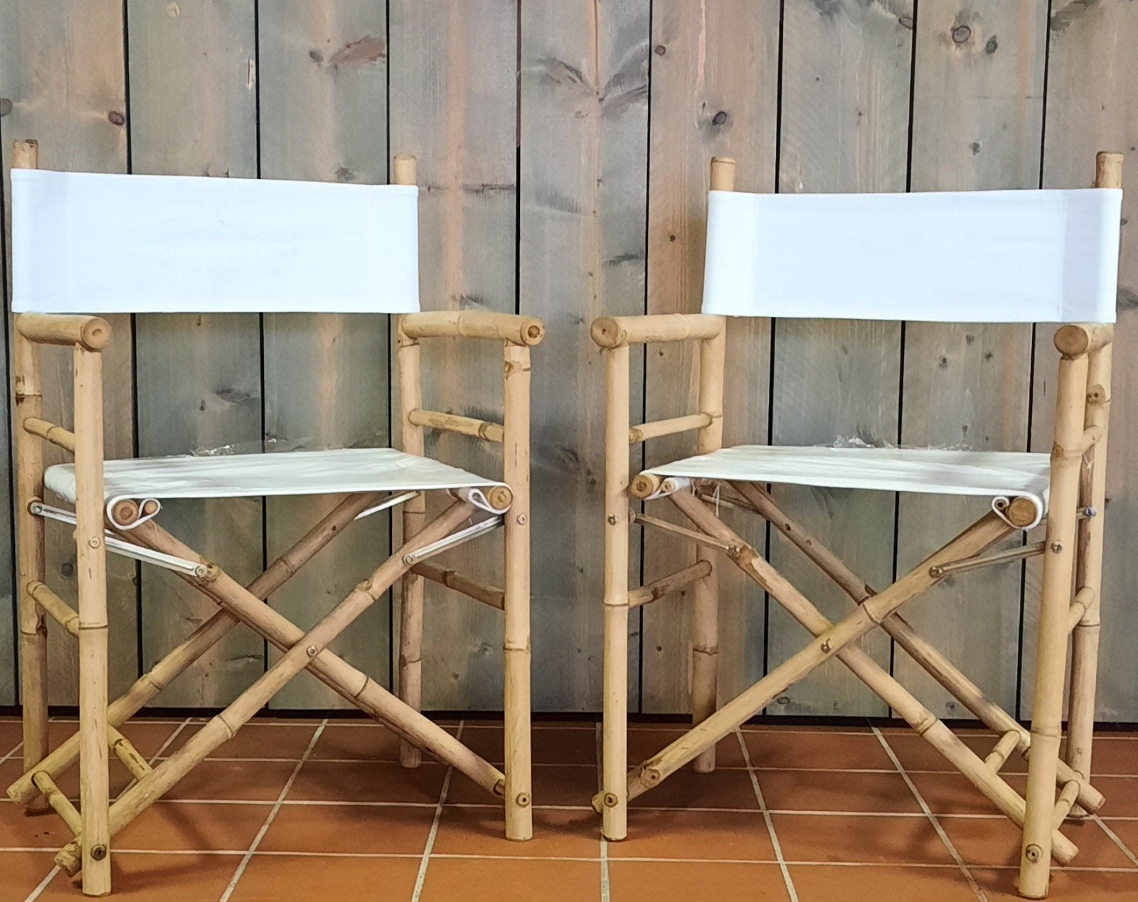 Set van 2 bamboe regisseursstoelen met witte stof, Ophalen, Zo goed als nieuw, Inklapbaar