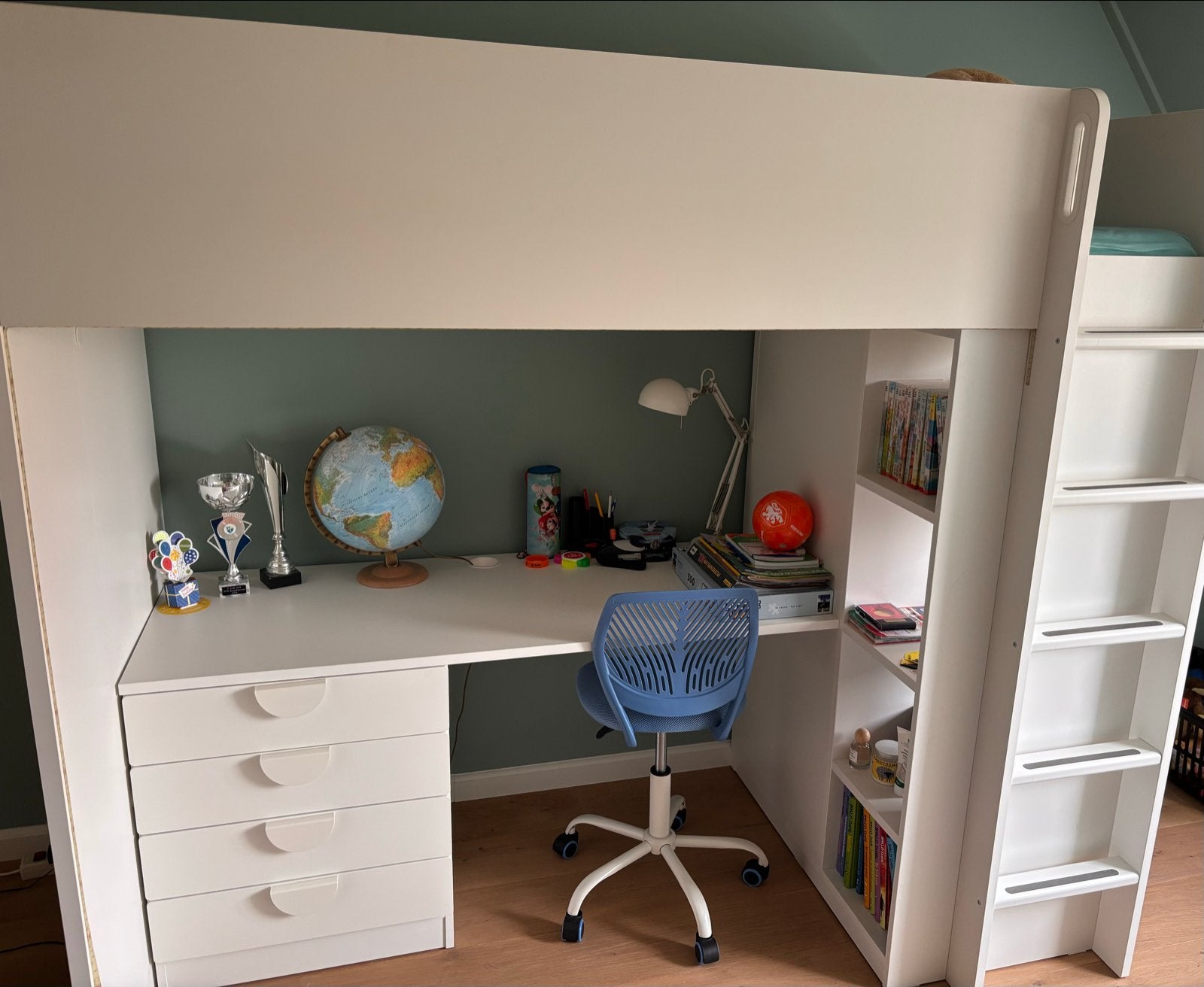 Hoogslaper met bureau en opbergruimte 4 lades, Ophalen, Eenpersoons, Zo goed als nieuw, 200 cm