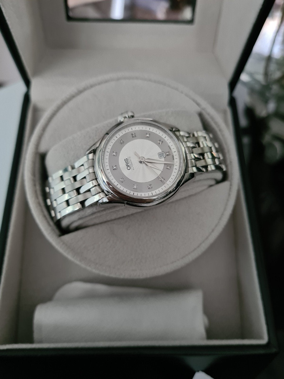 Oris dameshorloge met stalen band en strass, Overige merken, Staal, Ophalen of Verzenden, Zo goed als nieuw