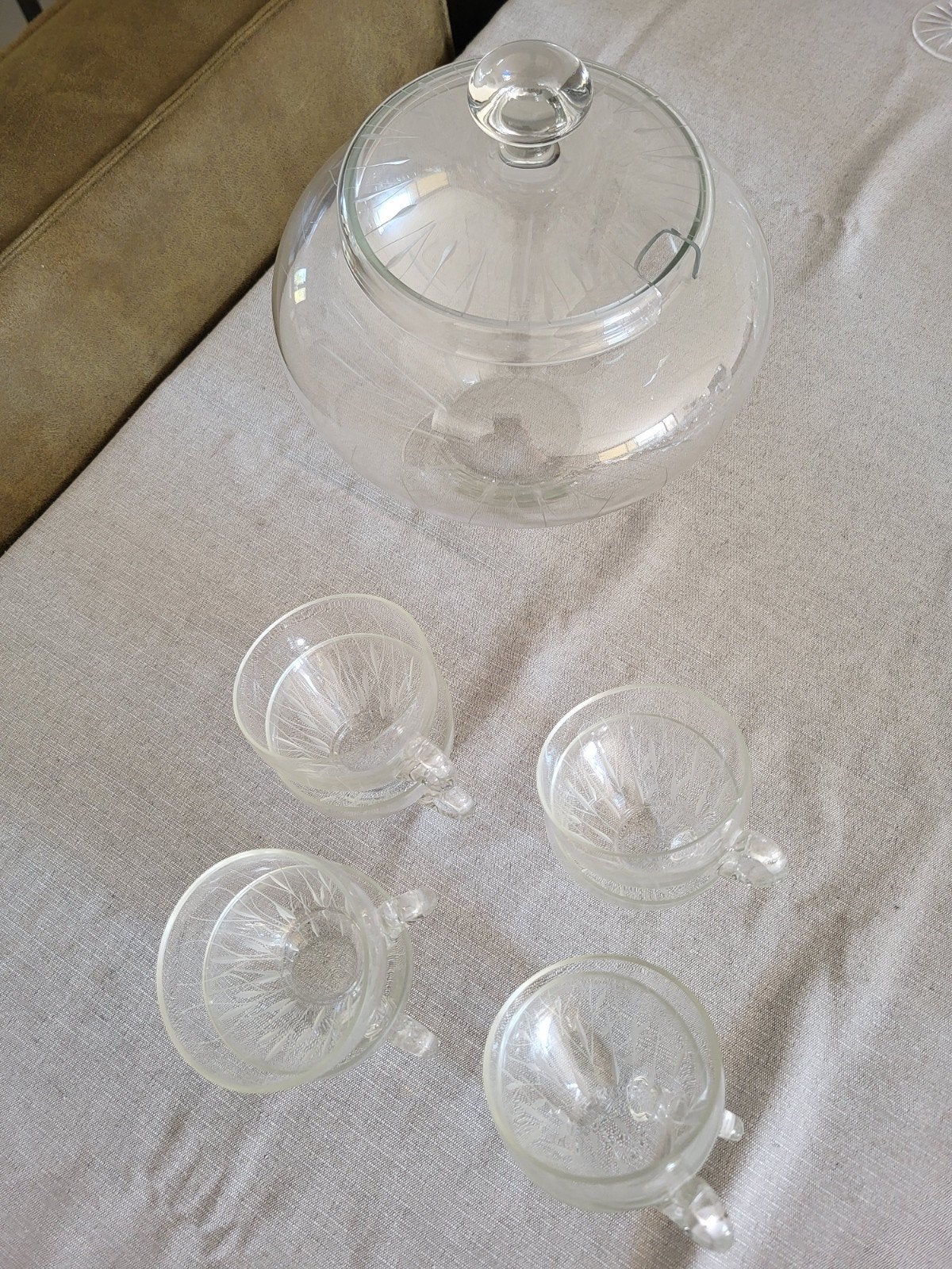 Mooie glazen bowlset / punchset met deksel en kopjes, Ophalen of Verzenden