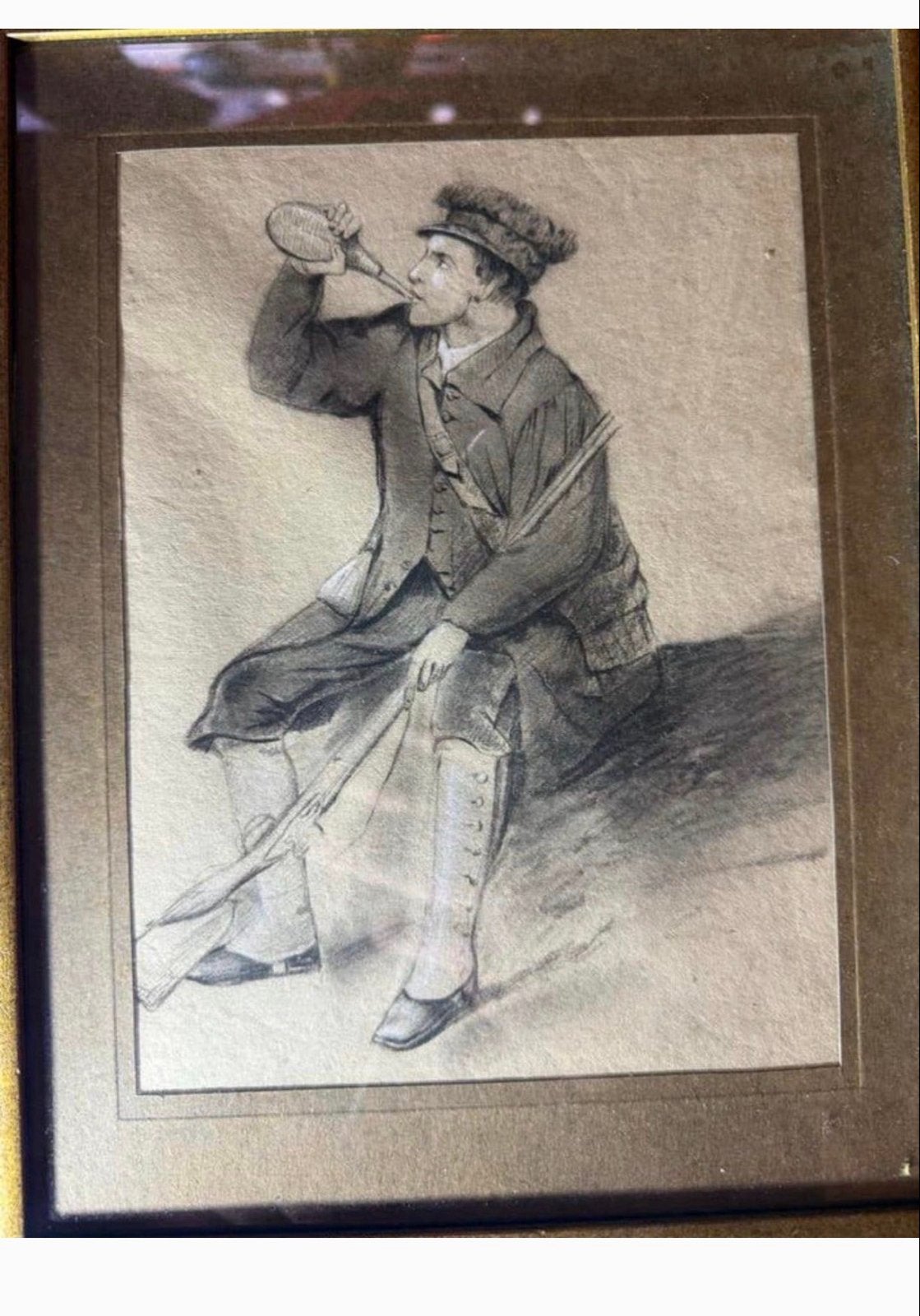 Antieke schets: Jager met drinkhoorn, gedetailleerd ingelijs, Ophalen of Verzenden, Tekening, Potloodtekening, Ingelijst