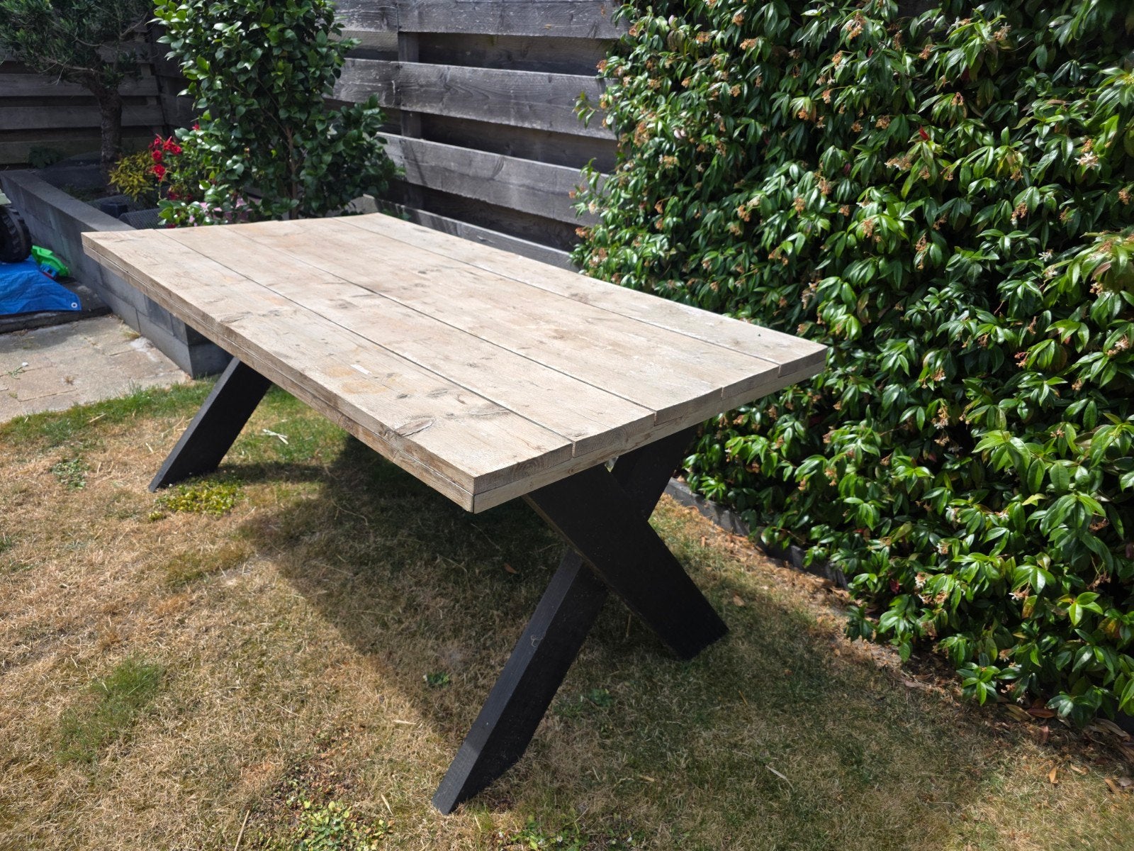 Douglas met steigerhouten buitentafel 200x100cm, Ophalen, Gebruikt, Rechthoekig, Hout
