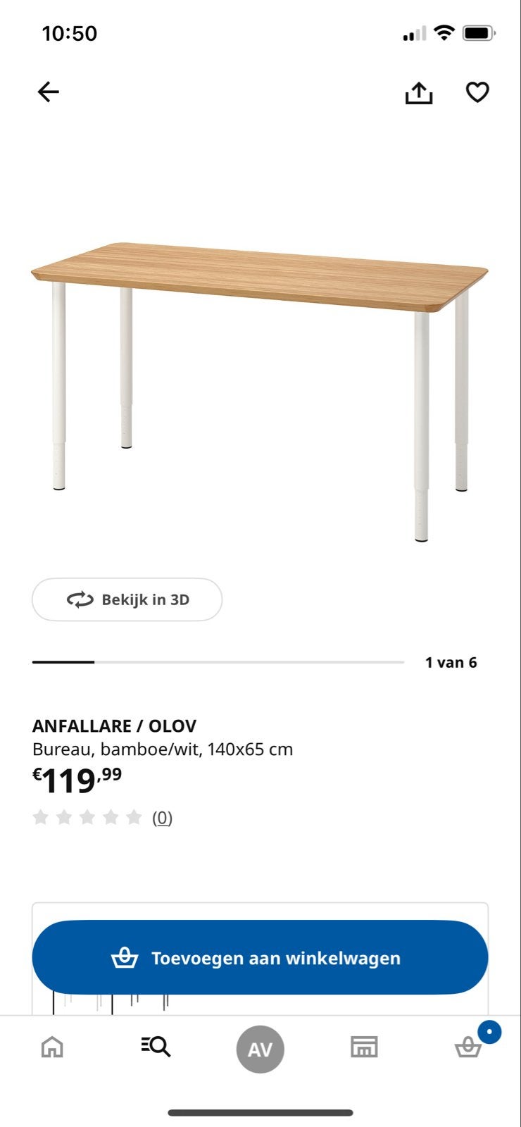 IKEA ANFALLARE / OLOV Bureau, bamboe/wit, 140x65 cm, Ophalen, Gebruikt, Hout, In hoogte verstelbaar