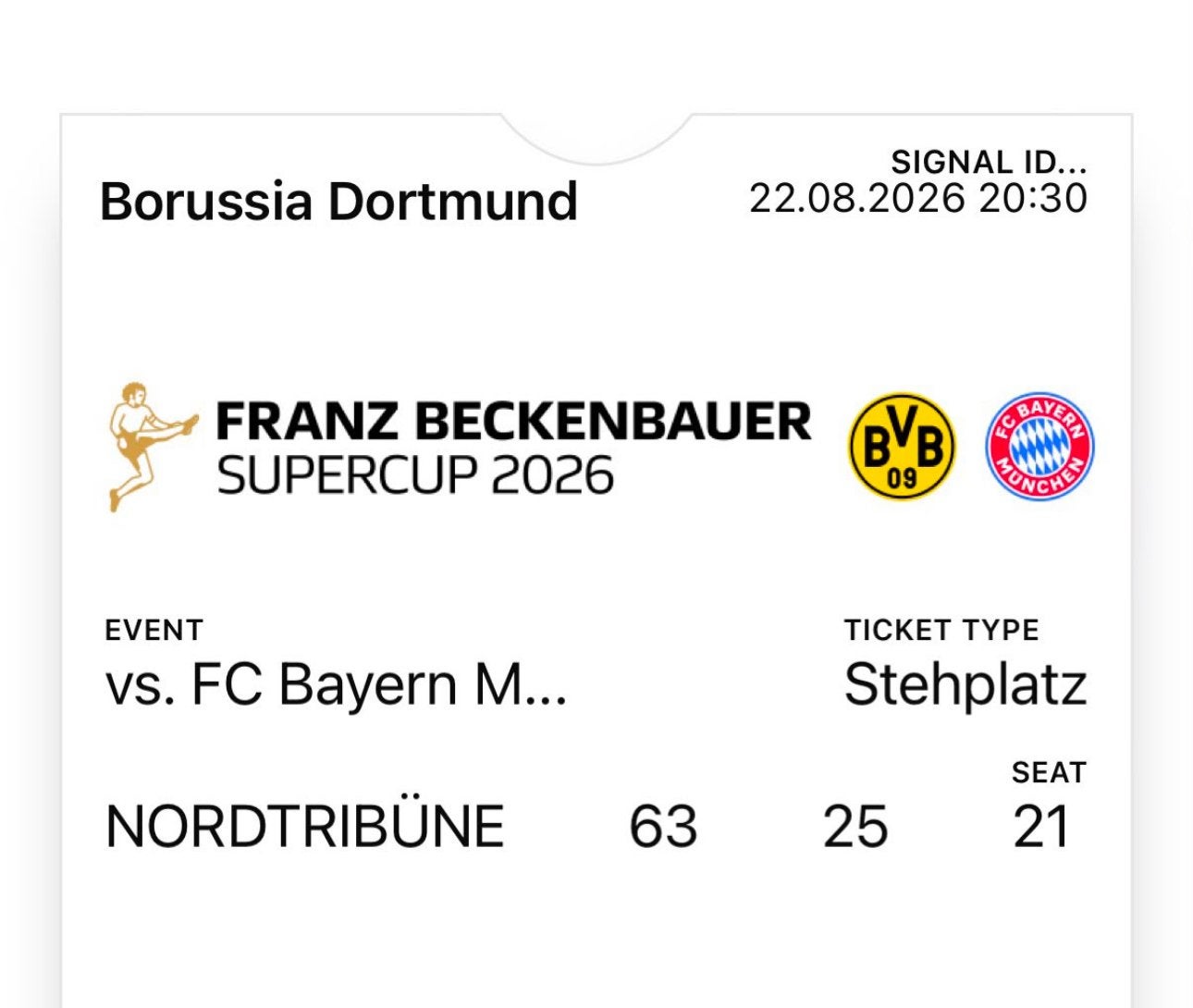 Dortmund – Bayern München | Supercup tickets ️, Tickets en Kaartjes, Losse kaart, Eén persoon, Augustus, Buitenland