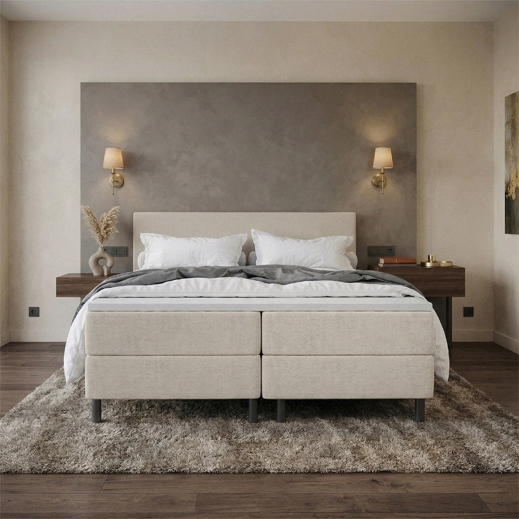 ACTIE 180 x 210 - Stof Beige | Extra lange maat - GRATIS TOP, Stijlvolle boxspring geschikt voor iedere slaapkamer!, Verzenden