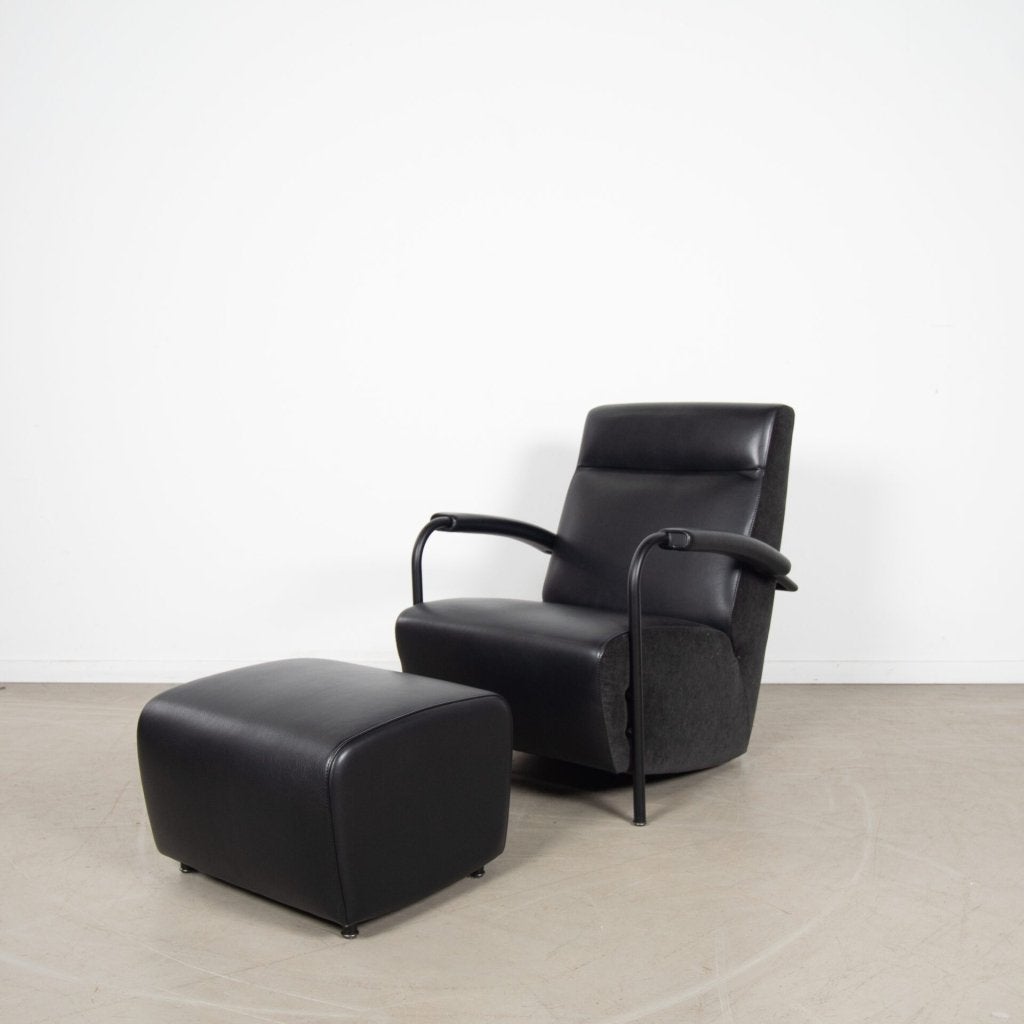 Leolux Scylla Fauteuil Hoog Zwart Leer/Stof + Hocker, Huis en Inrichting, Leolux, Zo goed als nieuw, Niet ingevuld, Niet ingevuld