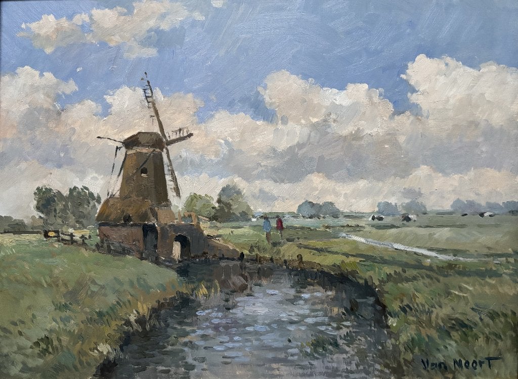 A.C. van Noort (1914-2003) - Molen nabij Koedijk, Paneel, Impressionistisch, Ophalen of Verzenden, Gesigneerd