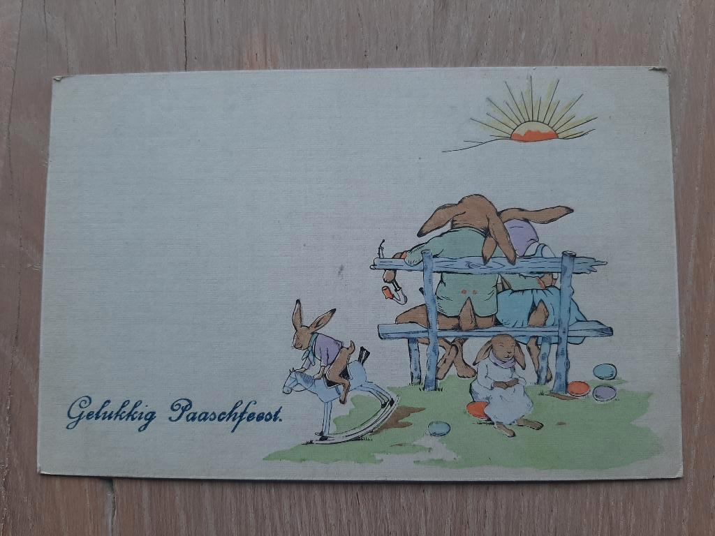 Gelukkig Paaschfeest (Pasen) kaart Haasjes op bankje 1917, Ophalen of Verzenden, Voor 1920, Gelopen, Feest(dag)