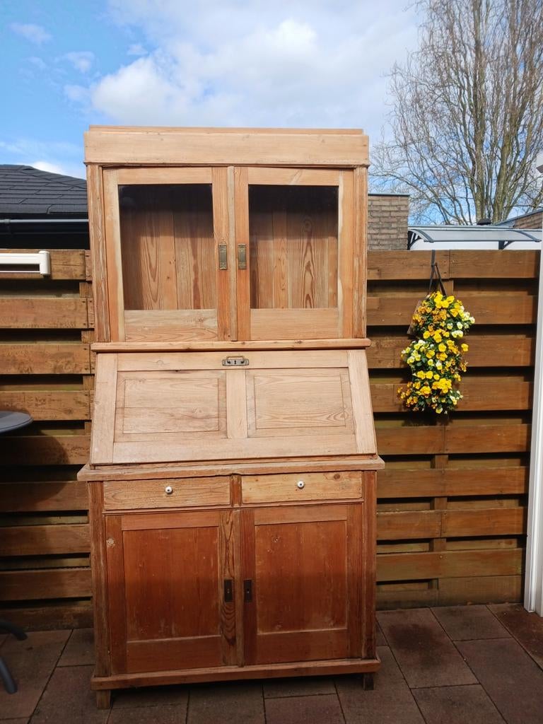 Antiek grenen secretaire/vitrinekast, Ophalen