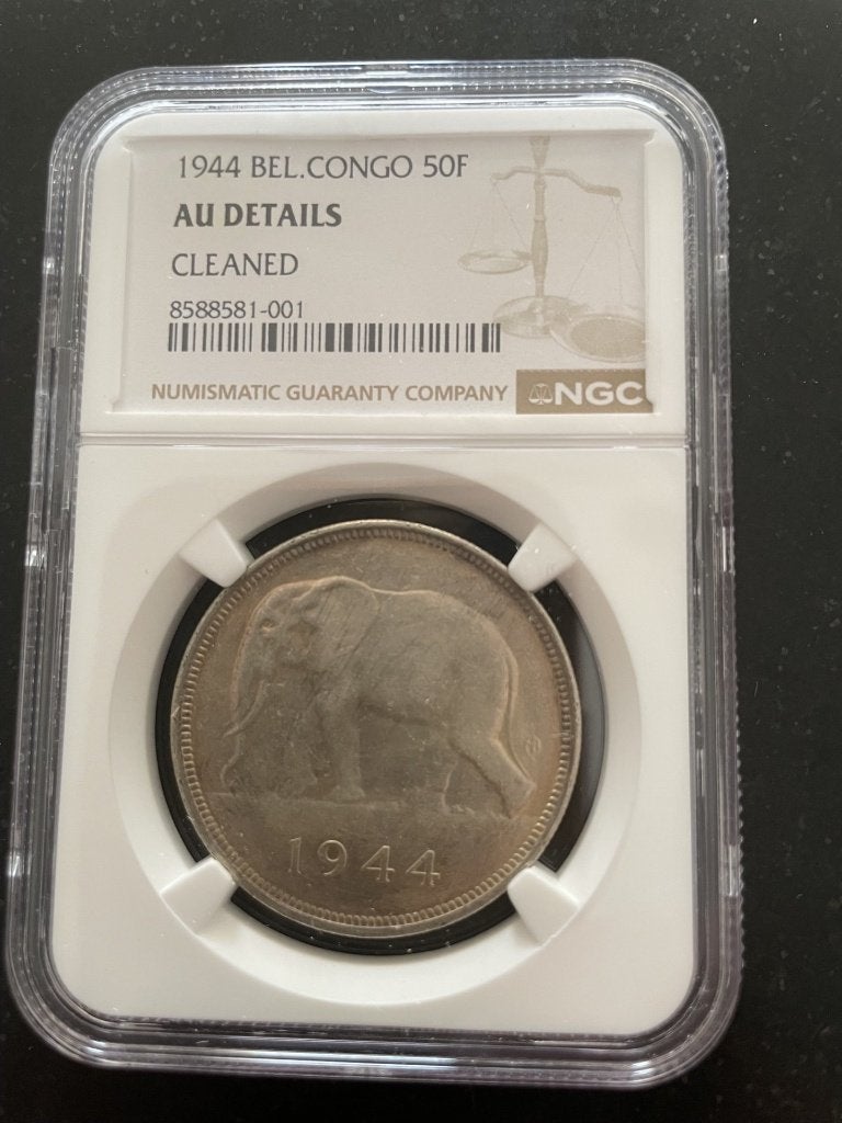 1944 Belgisch Congo 50 Frank NGC, Verzenden, Zilver, Losse munt, Zilver