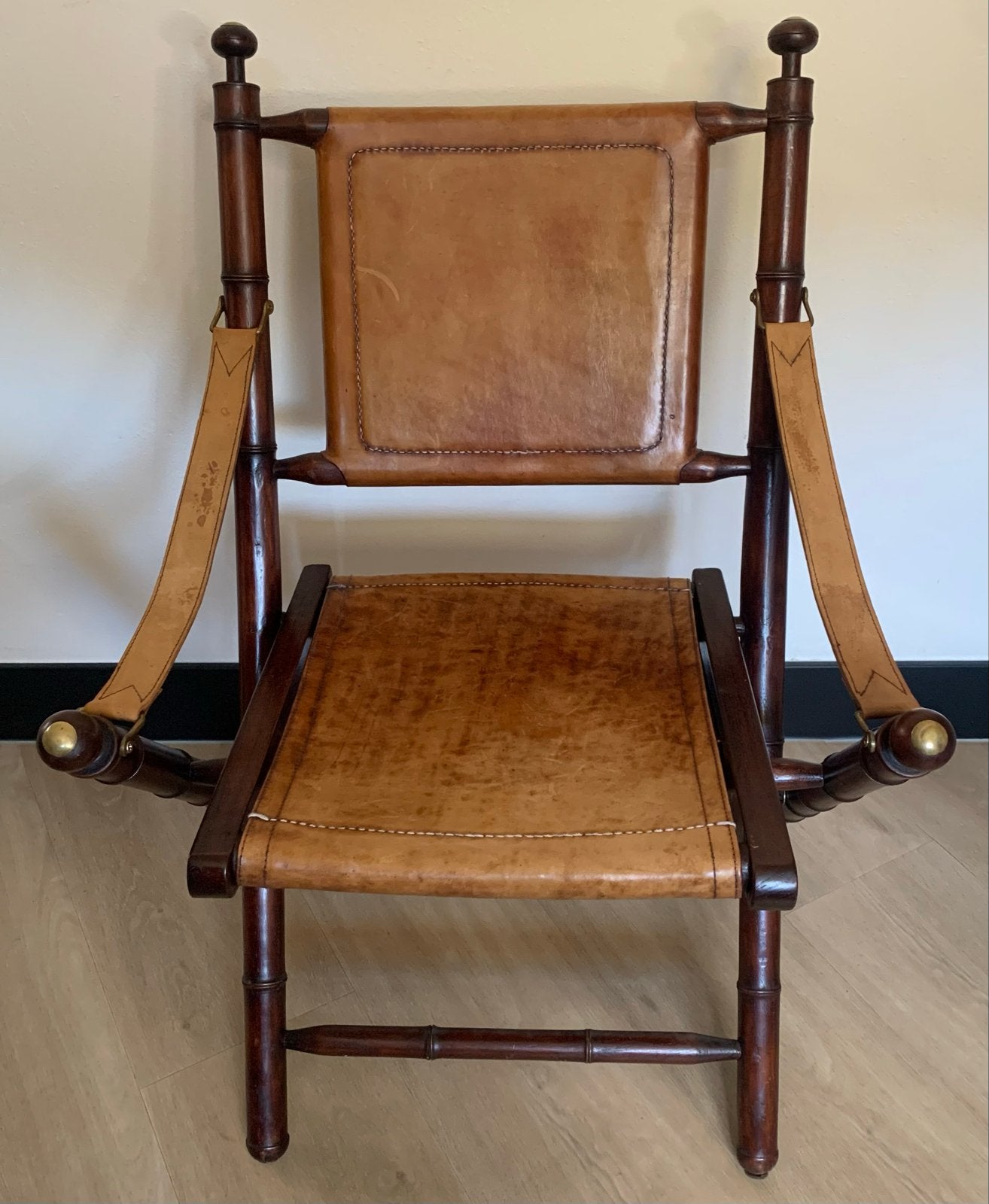 Vintage Campagne Safari Stoel - Leer & Hout, Ophalen of Verzenden