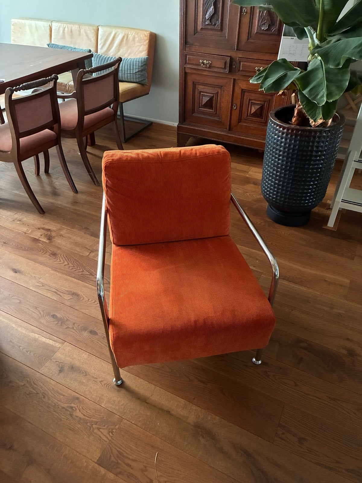 Oranje fauteuil met ribstof, Ophalen, Gebruikt, 75 tot 100 cm, Stof