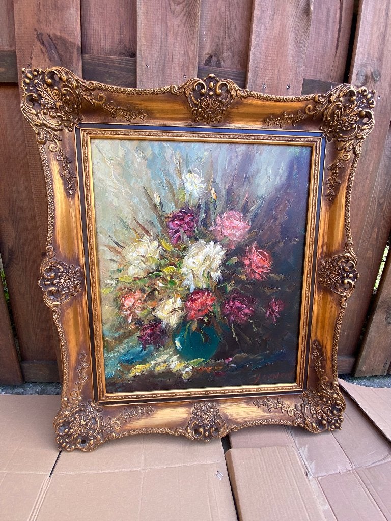 Prachtig bloemen schilderij G.J. Ernens, Antiek en Kunst, Doek, Impressionistisch, Olieverf, Ophalen