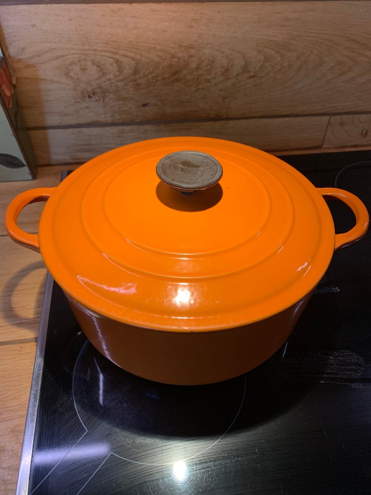 Vintage fraaie franse oranje le creuset kookpot met deksel, Ophalen of Verzenden, Zo goed als nieuw, Gietijzer