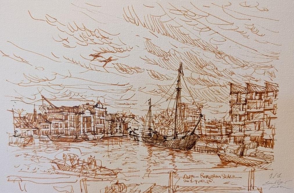 Tekening Emeline Lin: andere kant van het „Zicht op Delft“, Ophalen of Verzenden