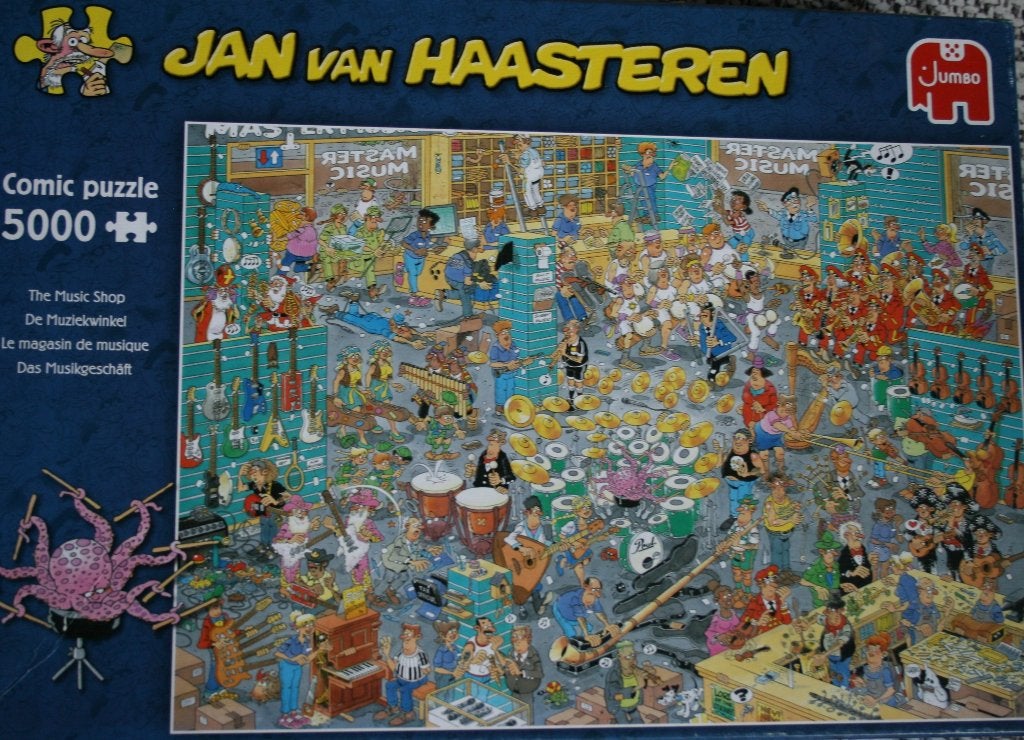Jan van Haasteren De Muziekwinkel 5000 stukjes – 1. €20,=, Ophalen of Verzenden, Meer dan 1500 stukjes, Zo goed als nieuw, Legpuzzel