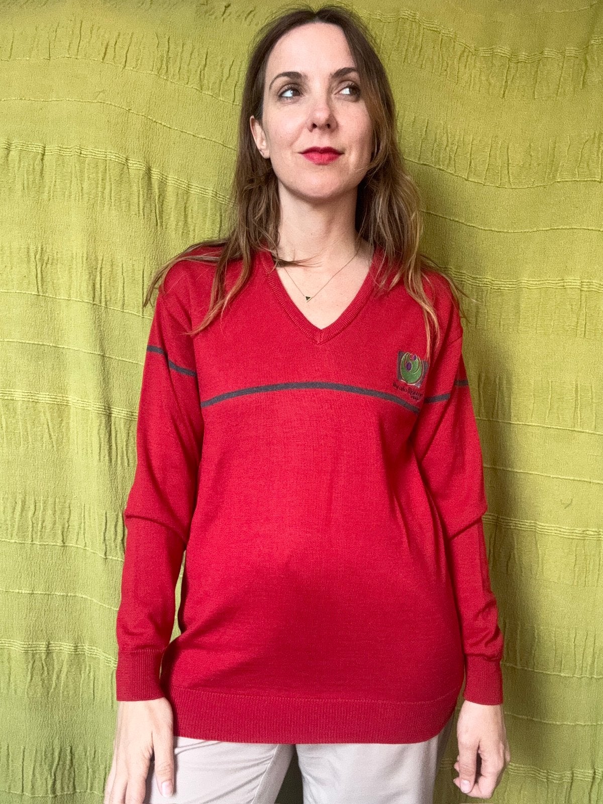 Vintage rode trui - pullover - jumper - V-hals, Maat 38/40 (M), Hgv, Hgv, Ophalen of Verzenden