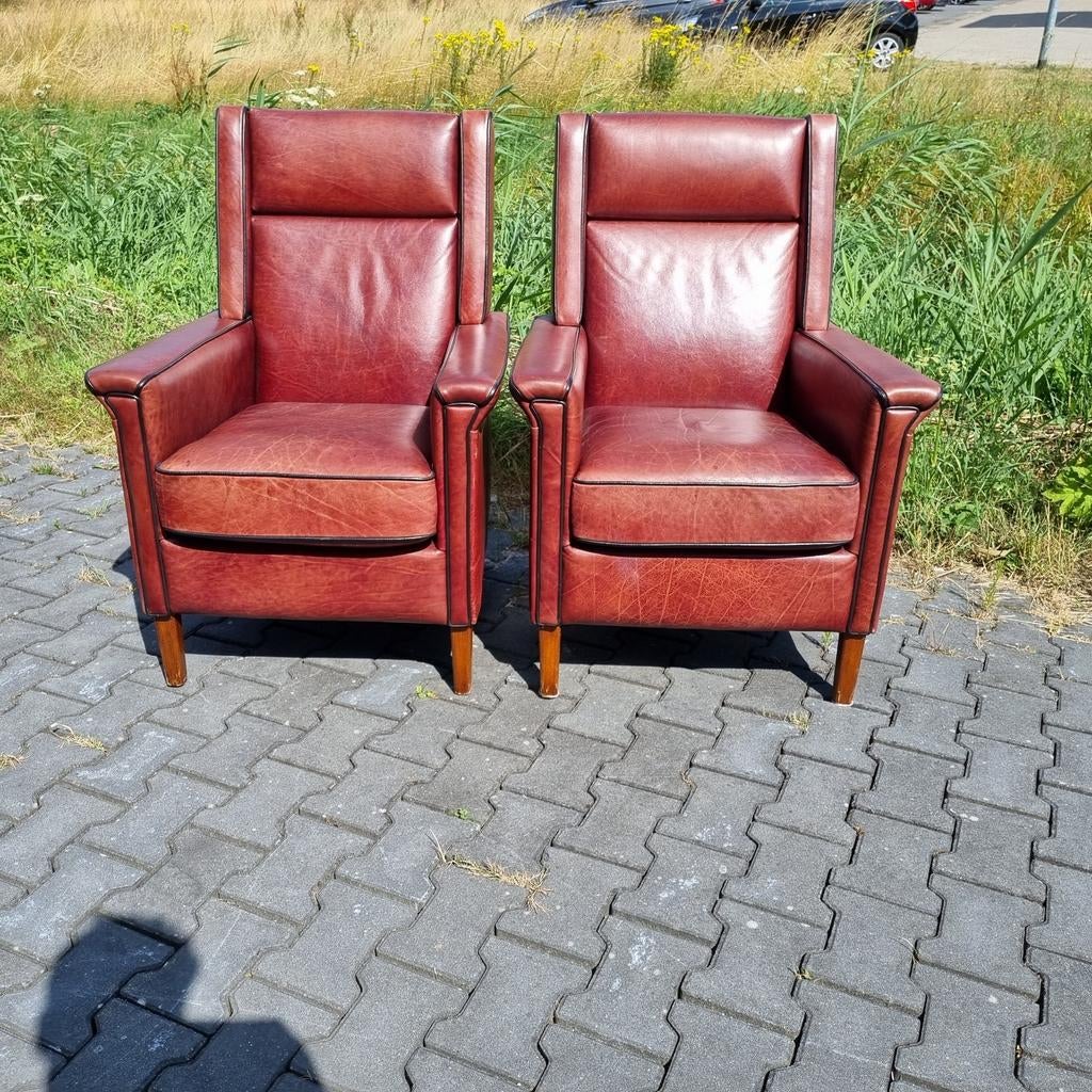 Klassiek bankstel bruin rood leer art deco stijl + BEZORGING, Huis en Inrichting, Banken | Bankstellen, Gebruikt, Klassiek, Leer