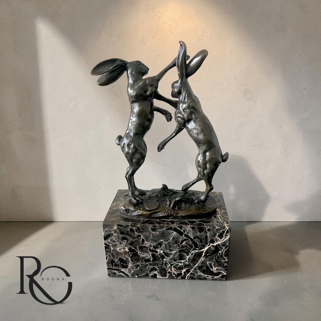 Ludwig Nick Bronzen Beeld Hazen – Frans Atelierbrons 24cm, Antiek en Kunst, Ophalen of Verzenden, Brons