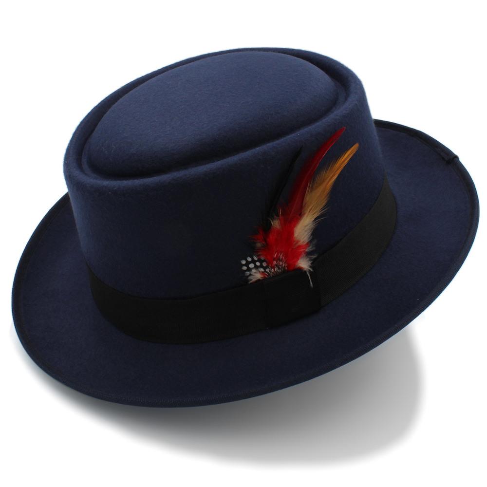 Blauwe pork pie hoed met veer / heren dames wollen fedora, Verzenden, Nieuw, Hoed