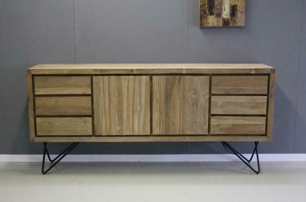 Retro dressoir teakhout op metalen pootjes, 2 meter breed!, Ophalen, 150 tot 200 cm, Nieuw, Dressoir