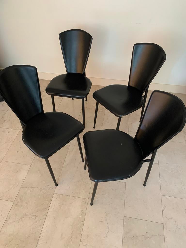 4 stoelen zwart leer, Huis en Inrichting, Stoelen, Ophalen, Gebruikt, Zwart, Leer