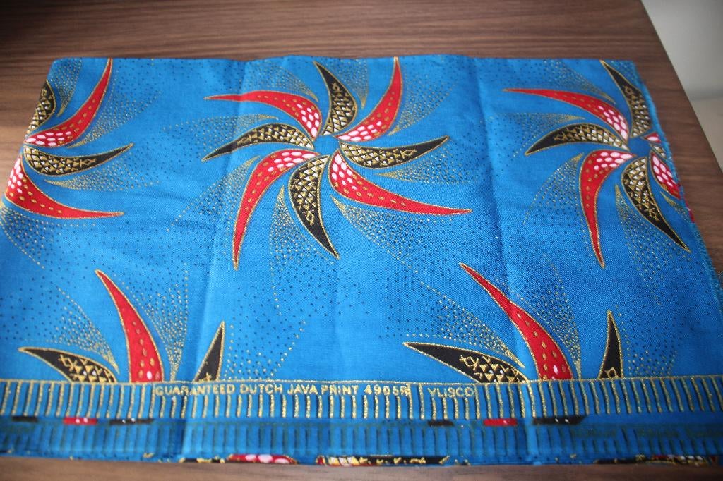 Coupon 100% katoen stof - batik java vlisco blauw goud #4193, Hobby en Vrije tijd, Stoffen en Lappen, Blauw, Nieuw, Ophalen of Verzenden