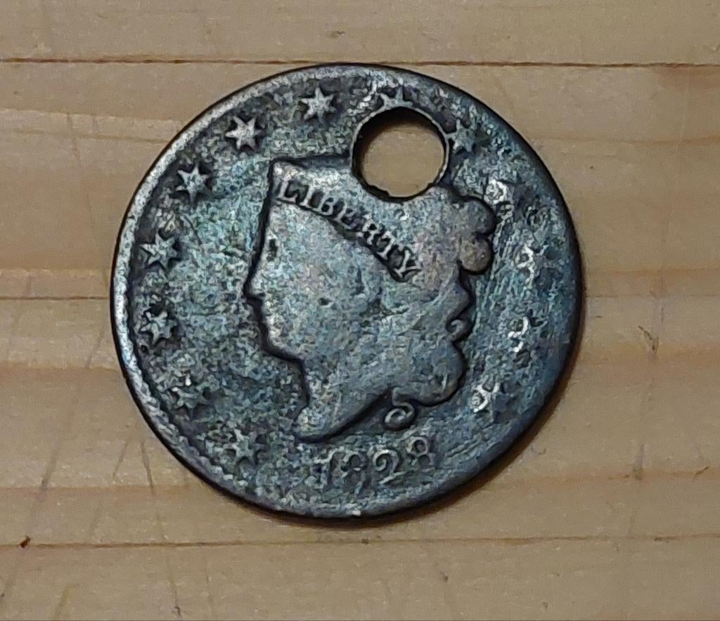 USA  1 Cent 1828 met gat, Postzegels en Munten, Munten | Amerika, Ophalen of Verzenden, Noord-Amerika, Losse munt