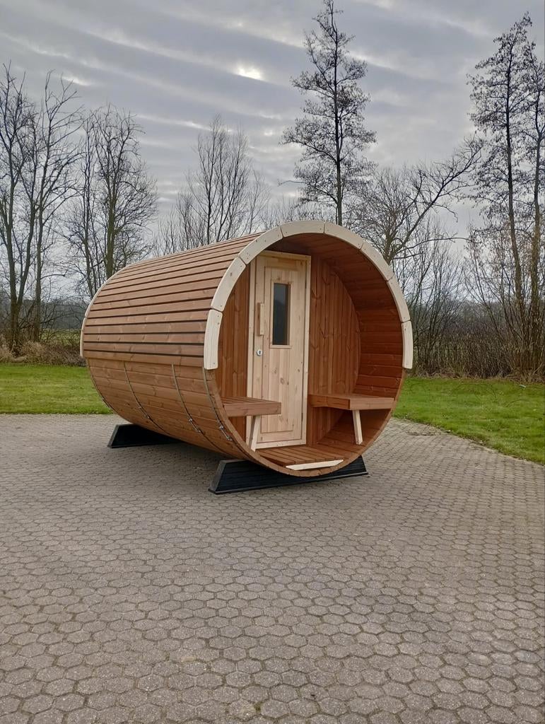 Thermohout barrelsauna gemonteerd - designdak- met kachel, Ophalen, Fins of Traditioneel, Wellnessandgarden, Nieuw