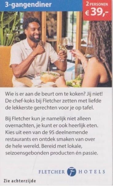 3-gangendiner 2 personen € 39,00 in Fletcher Hotel, Twee personen, 1 overnachting