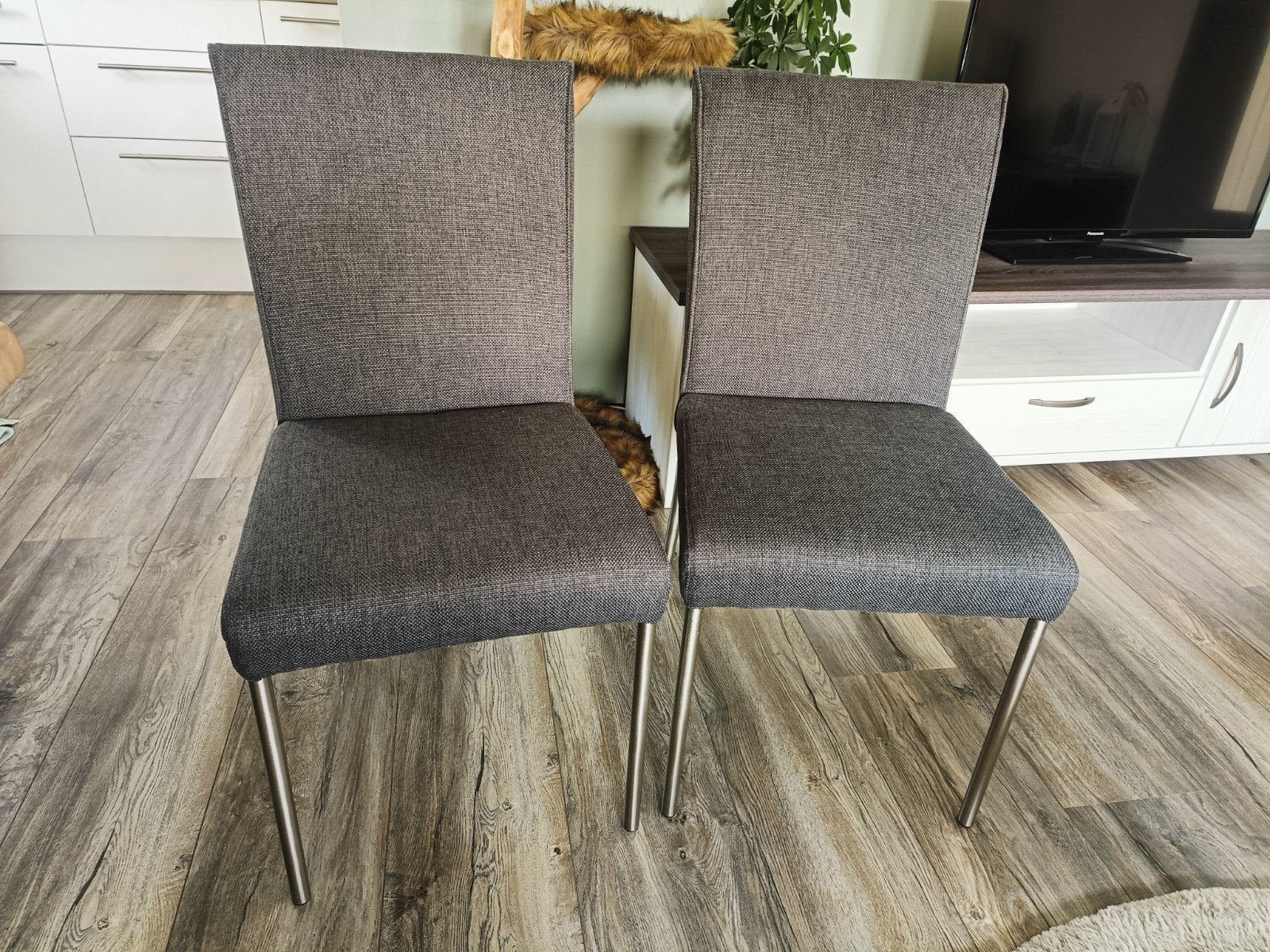 2x antracieten stoffen eetkamerstoelen, zgan, Ophalen, Twee, Zo goed als nieuw, Stof