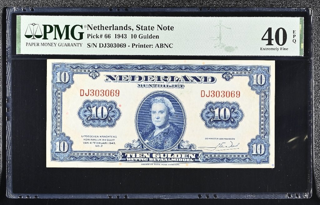 10 Gulden 1943 Wilhelmina PMG 40 EPQ, Verzenden, 10 gulden