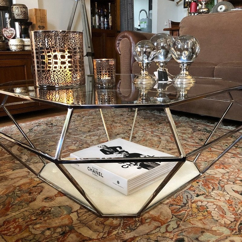 Eichholtz rvs-salontafel marmeren onderkant met glasplaat, Ophalen, Overige stijlen, Eichholtz, Delfweg 52 Noordwijkerhout