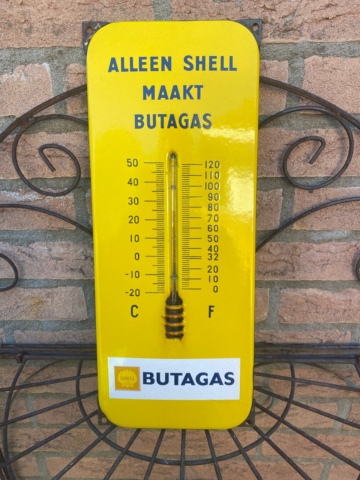 Vintage Emaille Shell Butagas Thermometer, Verzamelen, Ophalen of Verzenden, Gebruikt, Reclamebord
