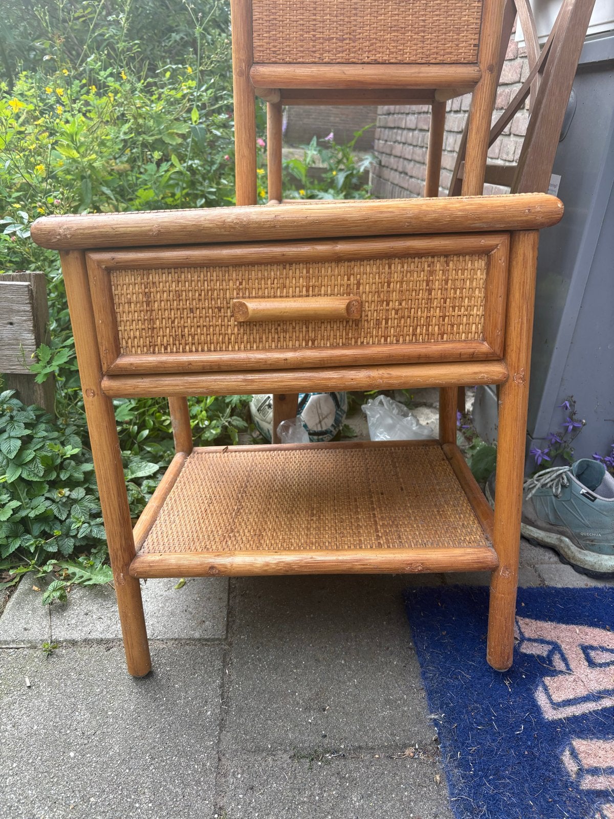 Vintage Bamboe Nachtkastjes 2 stuks met Lade en Plank, 45 tot 60 cm, Minder dan 55 cm, Gebruikt, Ophalen of Verzenden