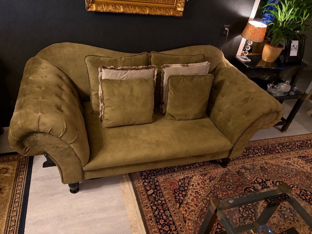 Royale olijfgroene fluwelen bank - gecapitonneerd - 200 cm, Huis en Inrichting, Hout, Modern klassiek, Driepersoons, 75 tot 100 cm