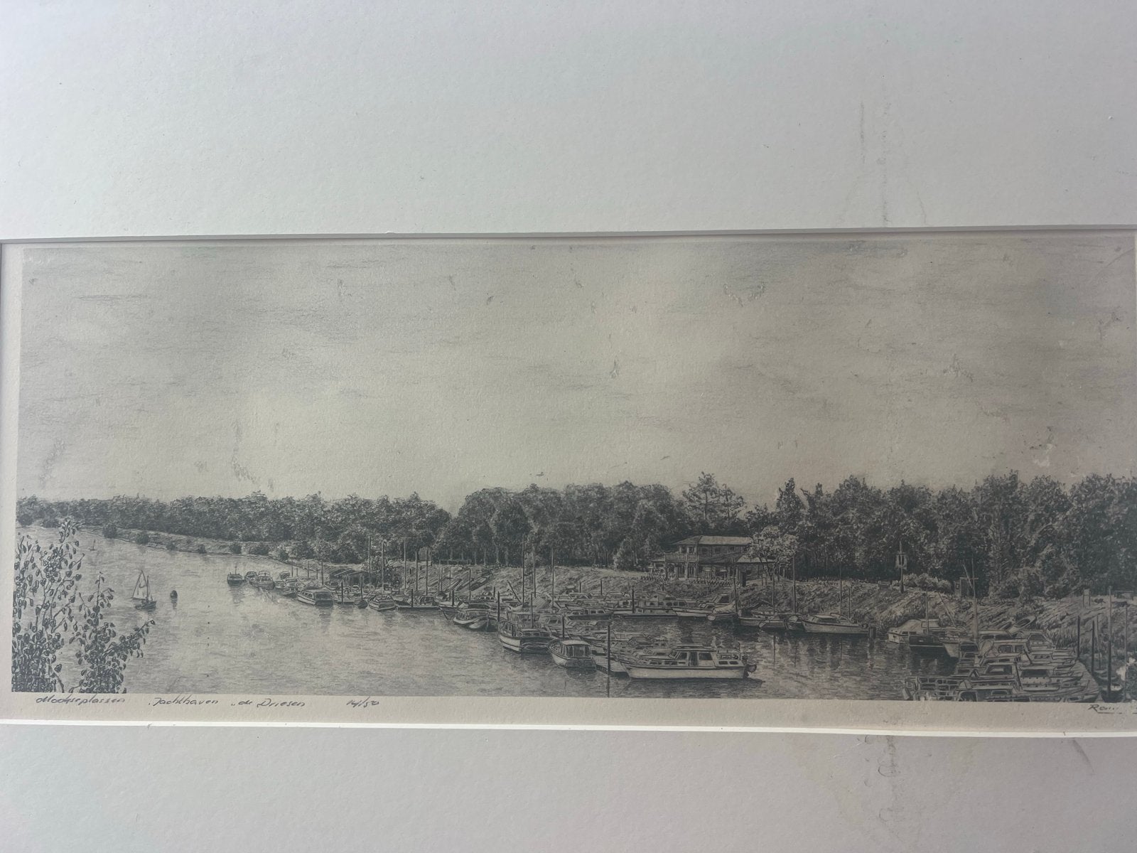 Ets Jachthaven de Driesen te Middelaar J. Raymond, Antiek en Kunst, Ophalen, Landschap, 1950 - 1999, Genummerd