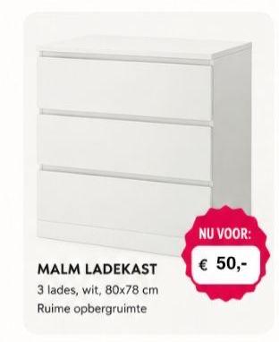 IKEA MALM Ladekast wit, 3 laden, Huis en Inrichting, Kasten | Ladekasten, Ophalen, Gebruikt, 3 of 4 laden, 25 tot 50 cm