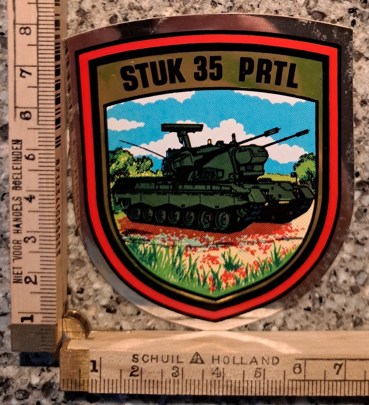 Vintage spiegel sticker Stuk 35 PRTL tank leger militaire, Ophalen of Verzenden, Zo goed als nieuw, Overige typen