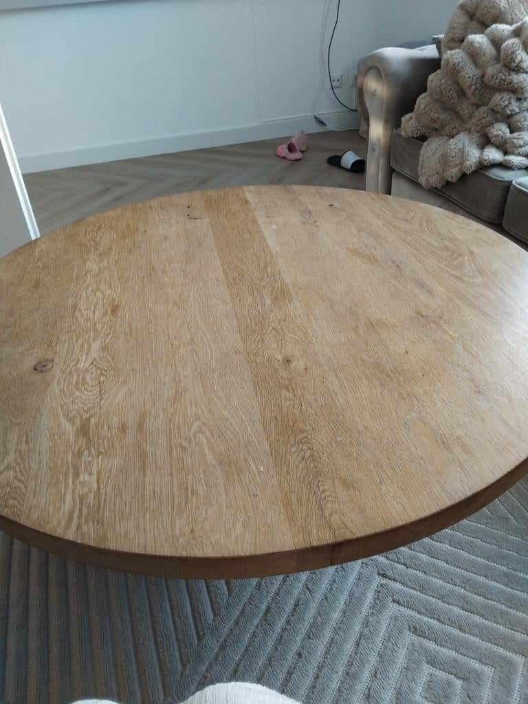 Ronde eikenhouten salontafel, Gebruikt, Ophalen of Verzenden, Drie personen, 100 tot 150 cm