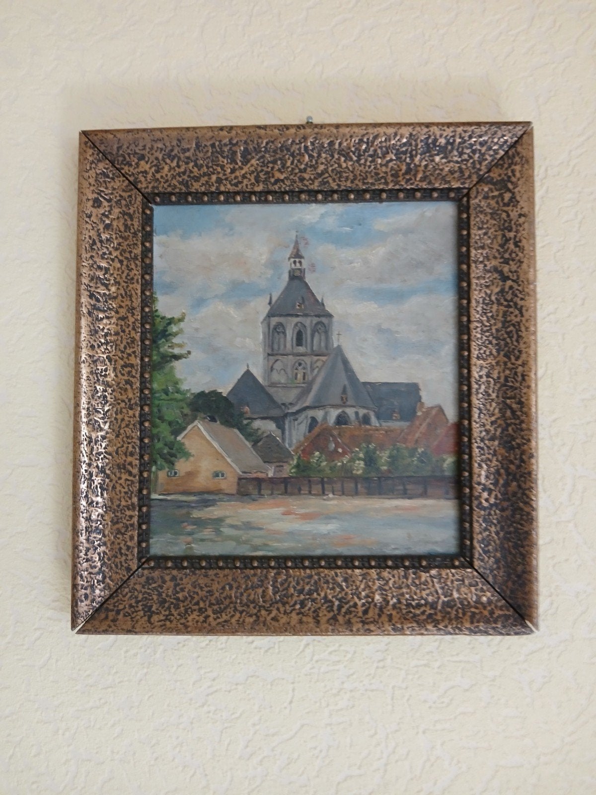 Klassiek schilderij van kerk aan het water, Antiek en Kunst, Ingelijst, Doek, Ophalen of Verzenden, Olieverf