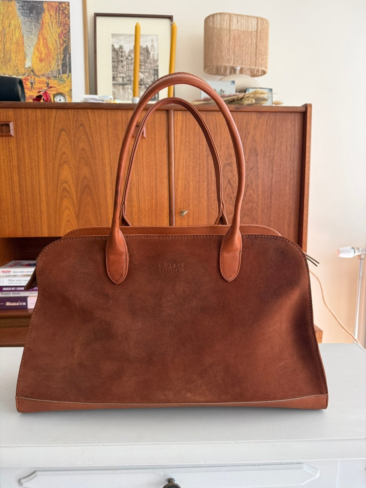 Suède en leren handtas in cognac kleur O My Bag, Ophalen, Zo goed als nieuw, Bruin, Handtas