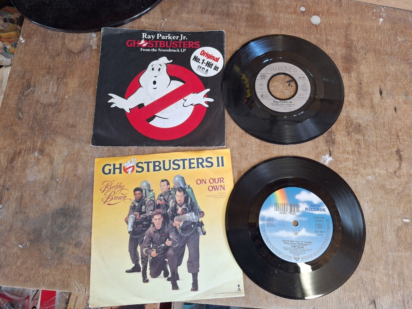 Ghostbusters 1 + 2 vintage 7 inch vinyl singles soundtracks, Gebruikt, Filmmuziek en Soundtracks, Originele persing, 7 inch