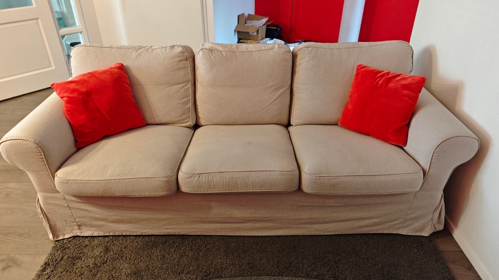 Comfortabele 3-zitsbank - Beige stof, Ophalen, Gebruikt, Driepersoons, 75 tot 100 cm