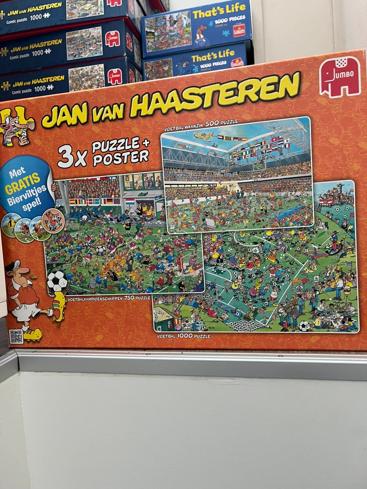 Puzzel WK Jan van Haasteren 3x incl poster voetbal, Ophalen of Verzenden, 500 t/m 1500 stukjes, Zo goed als nieuw