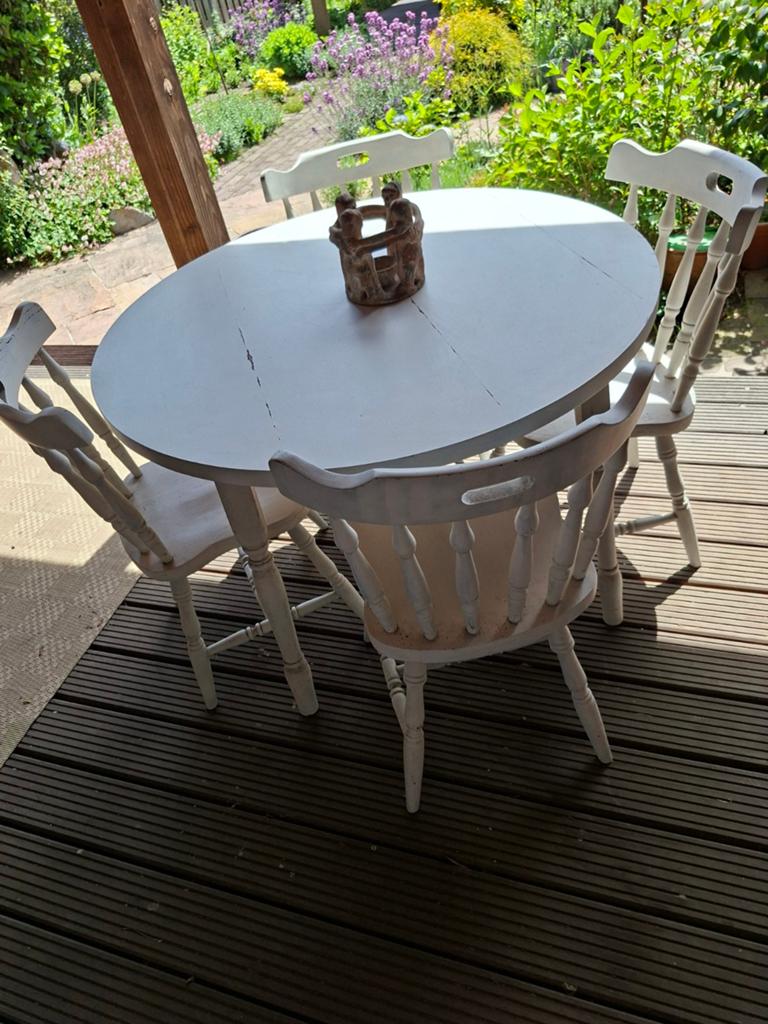 Tafel met 4 stoelen, 4 zitplaatsen, Gebruikt, Hardhout, Ophalen of Verzenden
