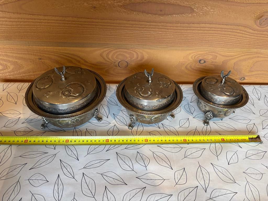 Set van 3 zilverkleurige schalen met deksel, Antiek en Kunst, Antiek | Koper en Brons, Ophalen of Verzenden