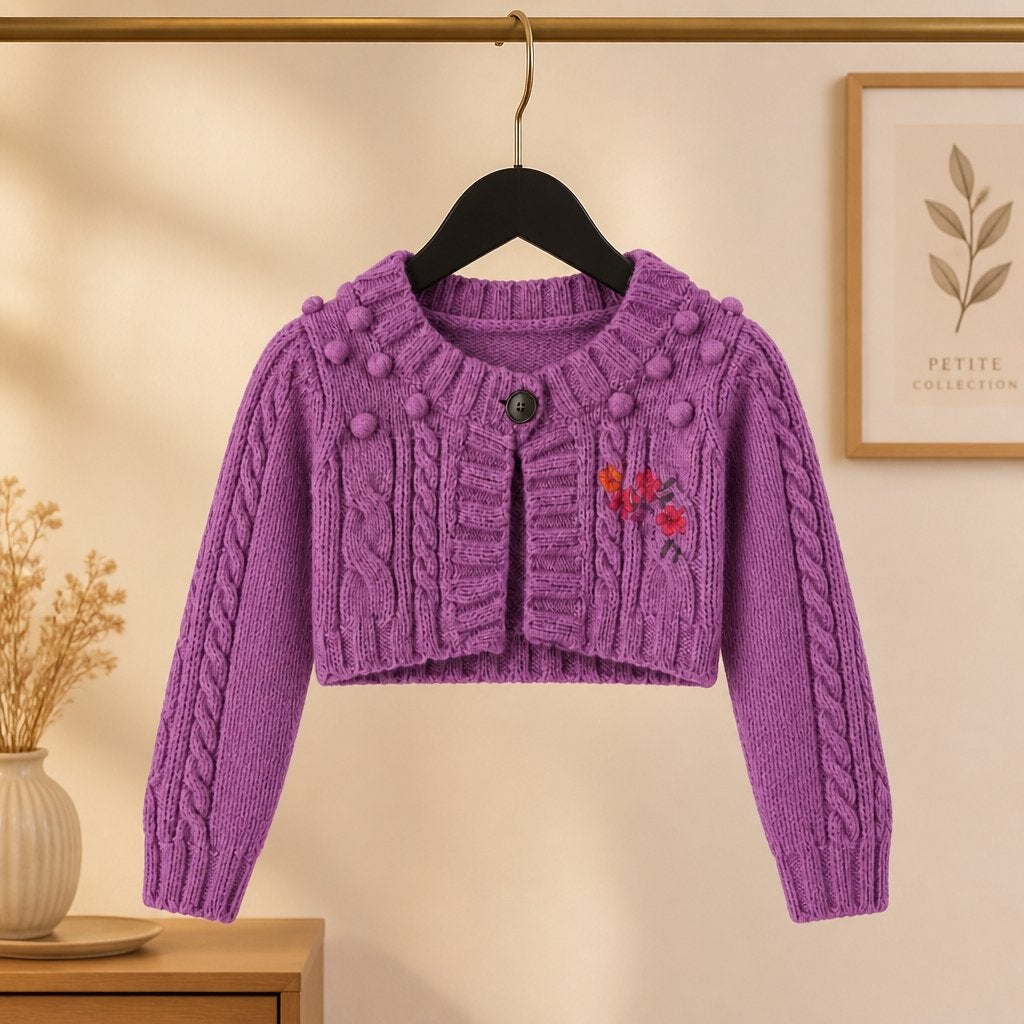 Cakewalk paars gebreid vestje met bloemen en pompons maat 80, Ophalen of Verzenden, Gebruikt, Meisje
