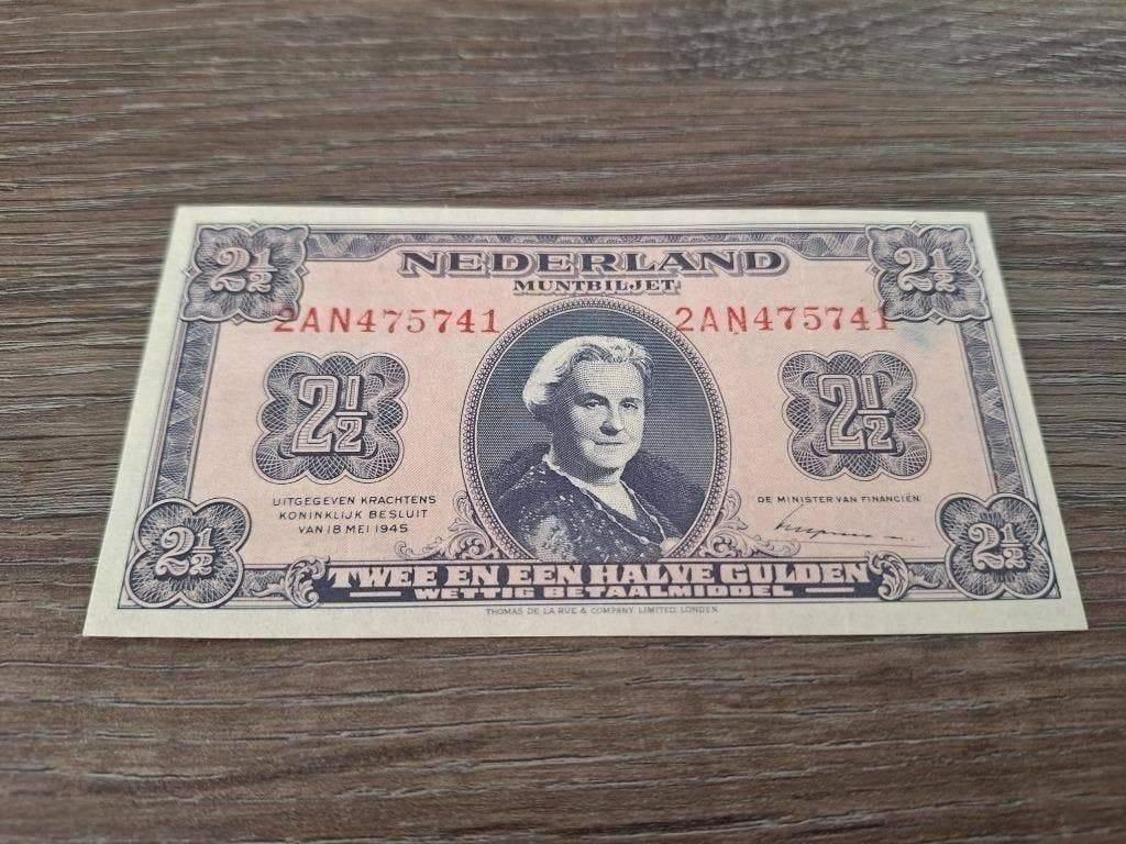 Prachtig+ biljet 2,5 gulden 1945, muntbiljet Wilhelmina, Ophalen of Verzenden, 1 gulden