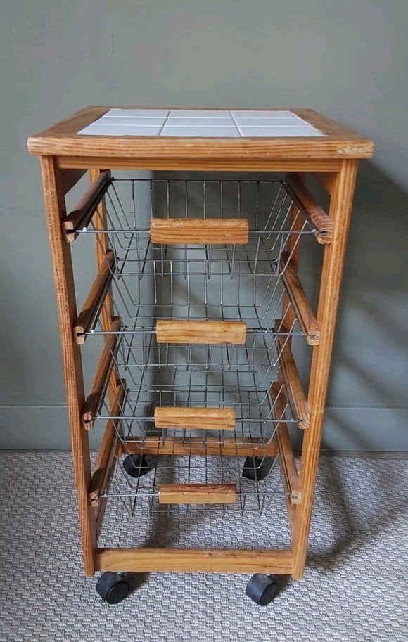Houten keukentrolley met tegels en opbergmanden, Ophalen, Gebruikt, Hout, Keukentrolley